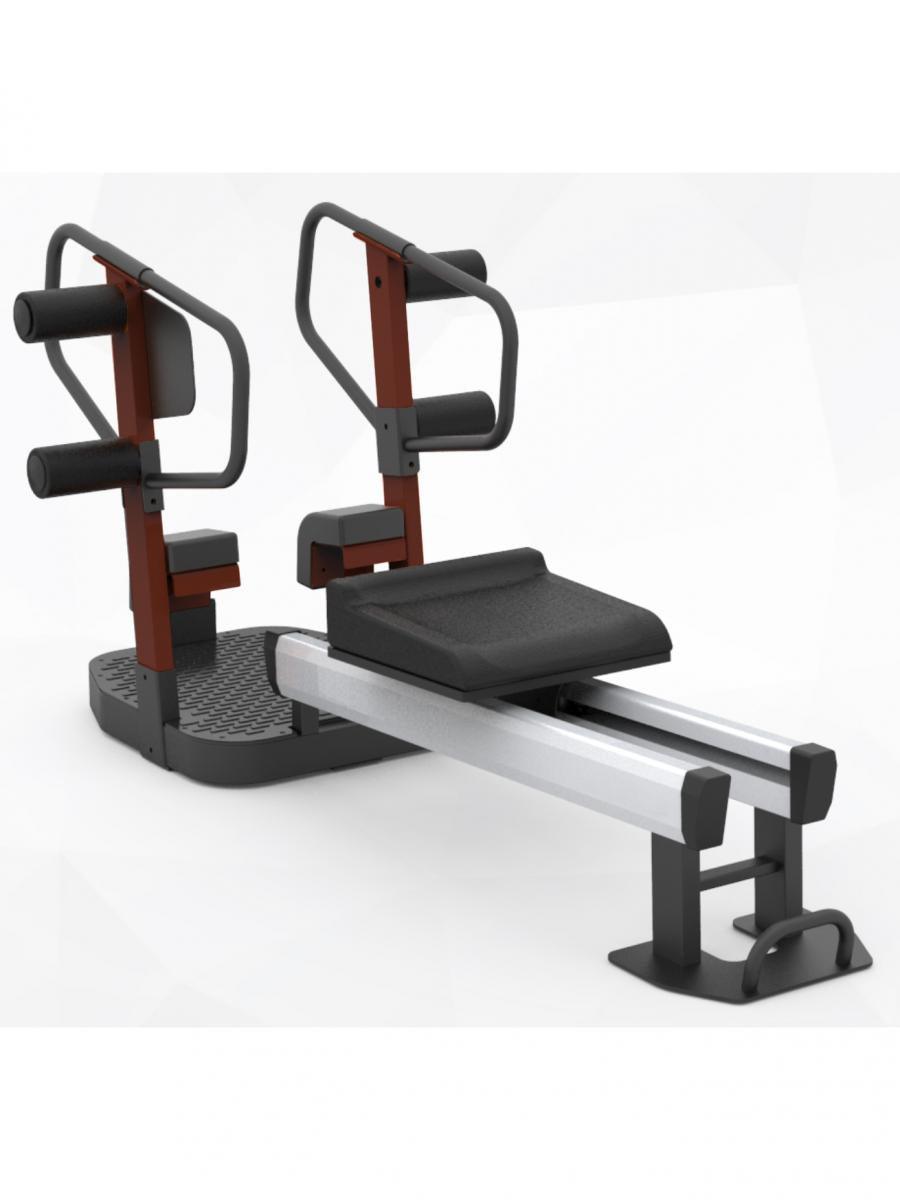 Red and black stretching machine with a padded seat, footrests, and handles on a white background.