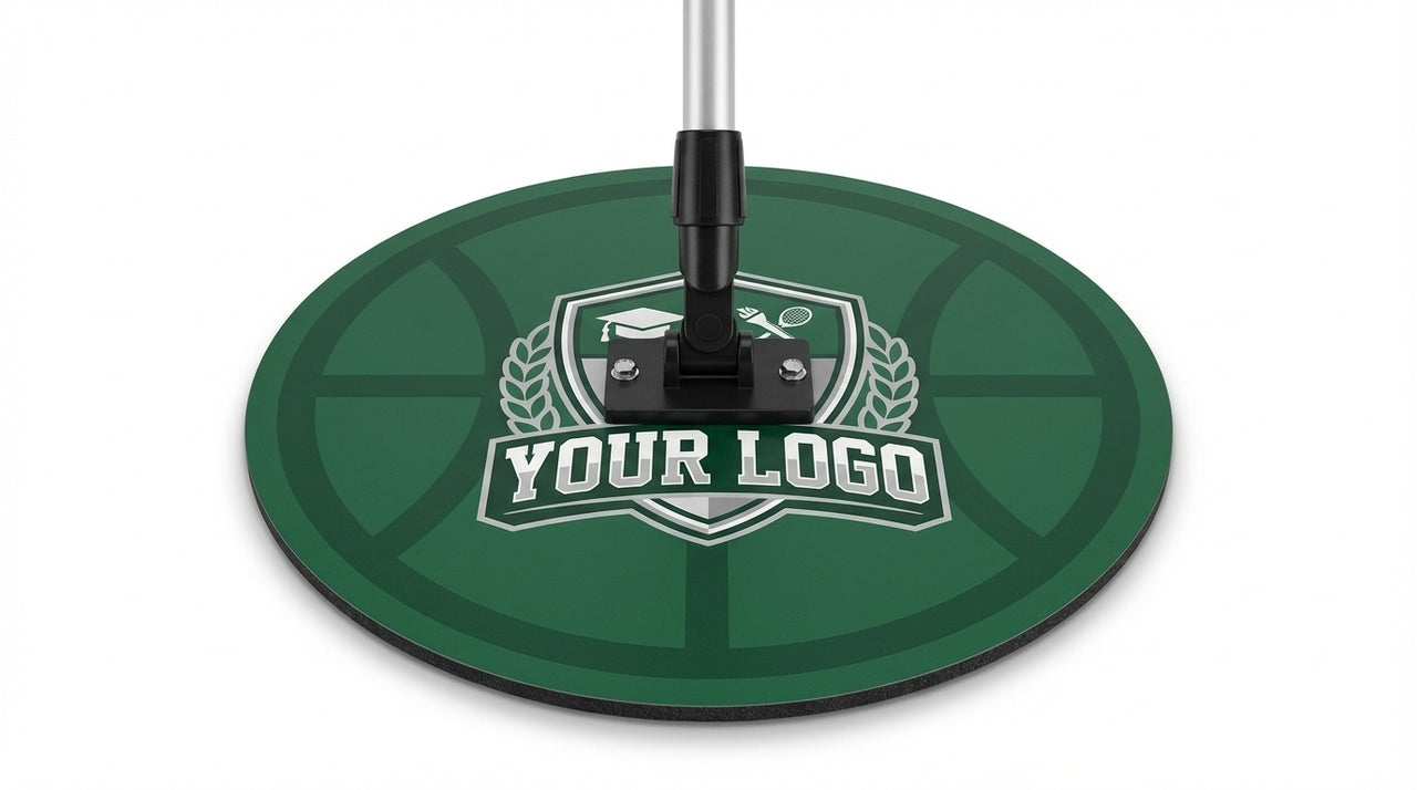 Green round sweat mop with "YOUR LOGO" on a shield, a graduation cap, and tennis rackets.