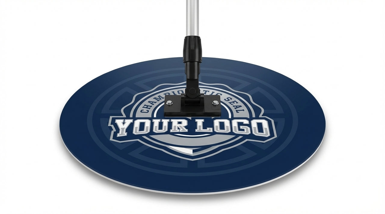 Custom round sweat mop with "YOUR LOGO" on a blue and silver design.