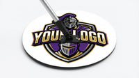 Thumbnail for Round sweat mop with a custom knight logo in purple and gold, attached to a silver handle.