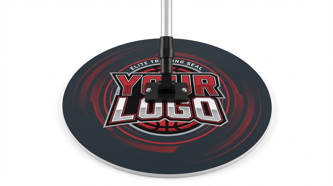 Custom round sweat mop with "YOUR LOGO" in red and black on a dark gray background with red swirls.