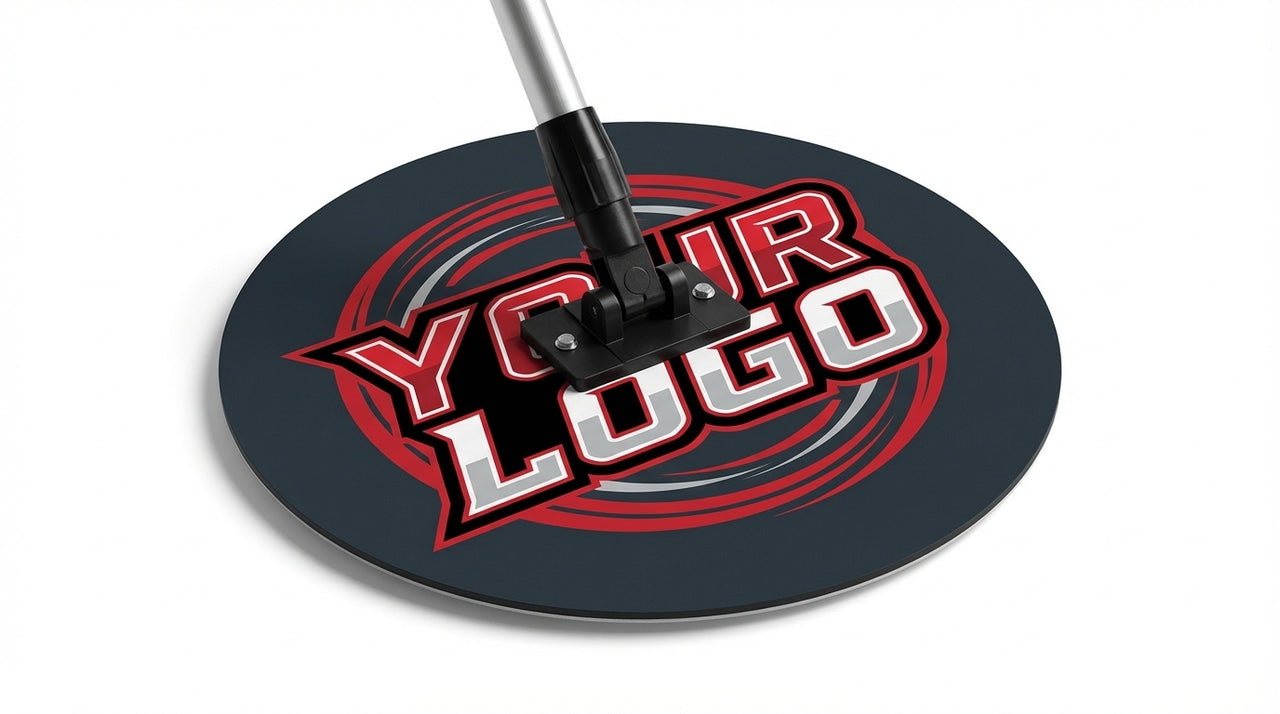 Round sweat mop with "YOUR LOGO" text in red and white on a dark gray background.