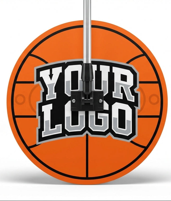 Round basketball-themed sweat mop with "YOUR LOGO" text on the front.