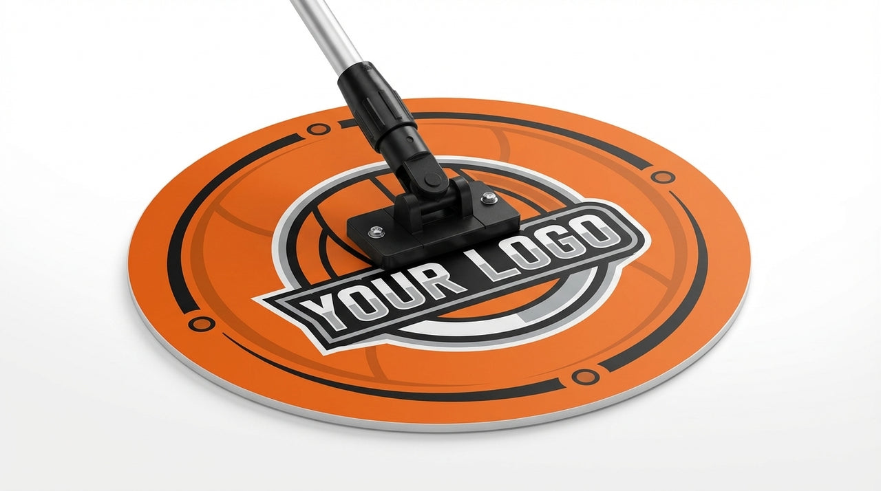 Orange round sweat mop with "YOUR LOGO" text and basketball design.