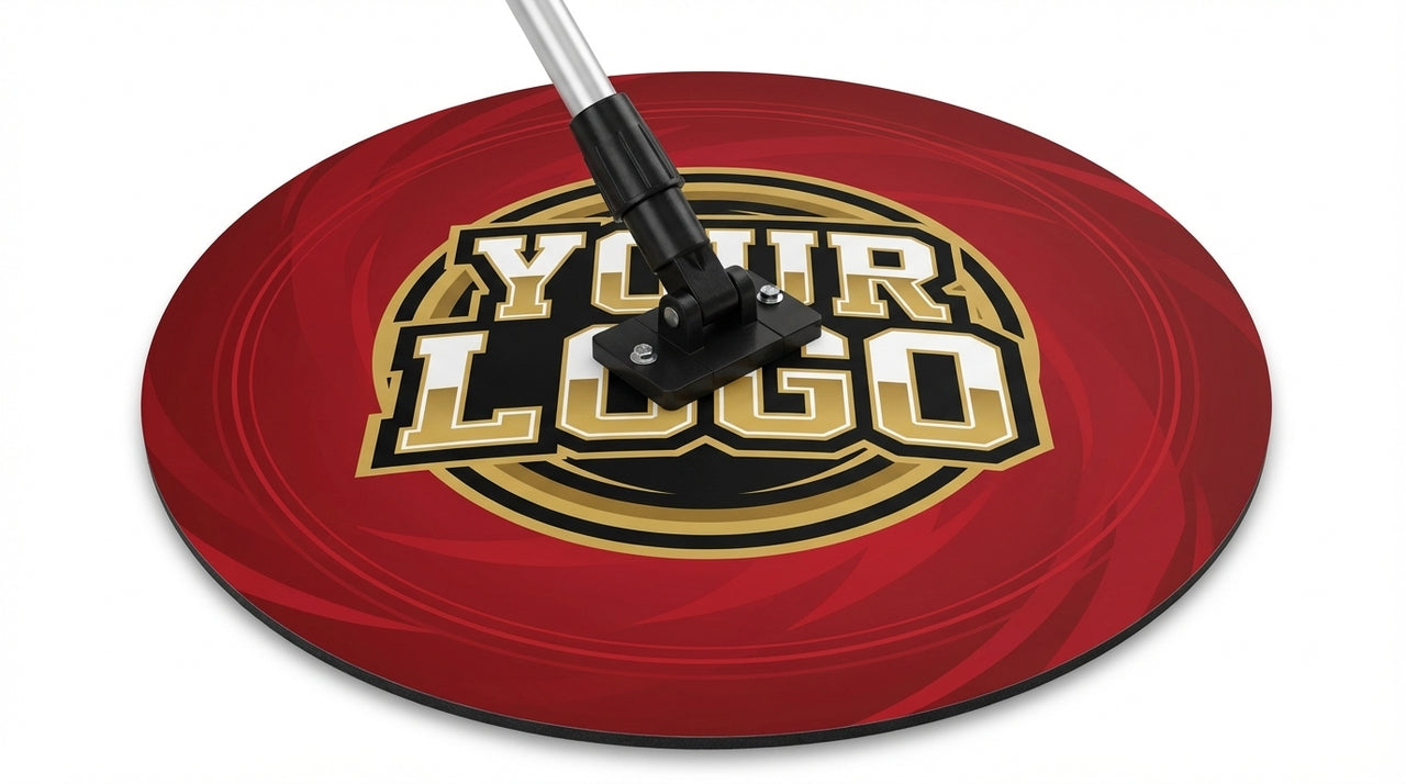 Round red sweat mop with "YOUR LOGO" in gold and black, attached to a silver handle.