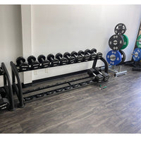 Thumbnail for Black 2-tier dumbbell rack with Sweet branded dumbbells in a gym setting.