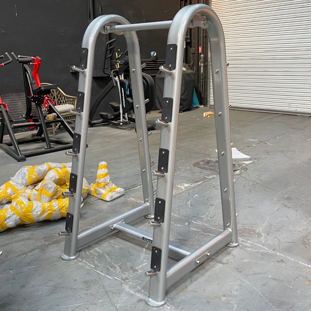 Silver barbell rack with black weight plate holders in a gym setting.