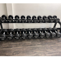 Thumbnail for Black Sweet dumbbells from 30lb to 100lb on a two-tier rack.