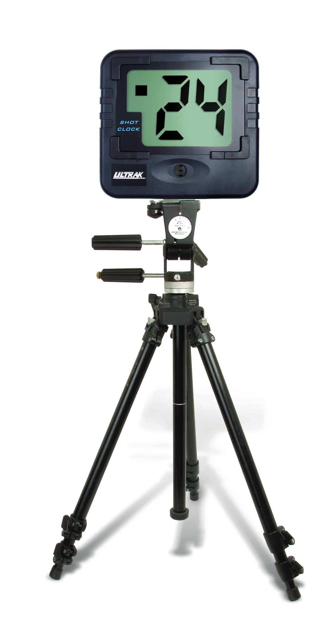 Black portable shot clock with "24" displayed on a green screen, mounted on a black tripod.