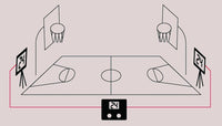 Thumbnail for Line drawing of a basketball court with two hoops and three shot clocks displaying 
