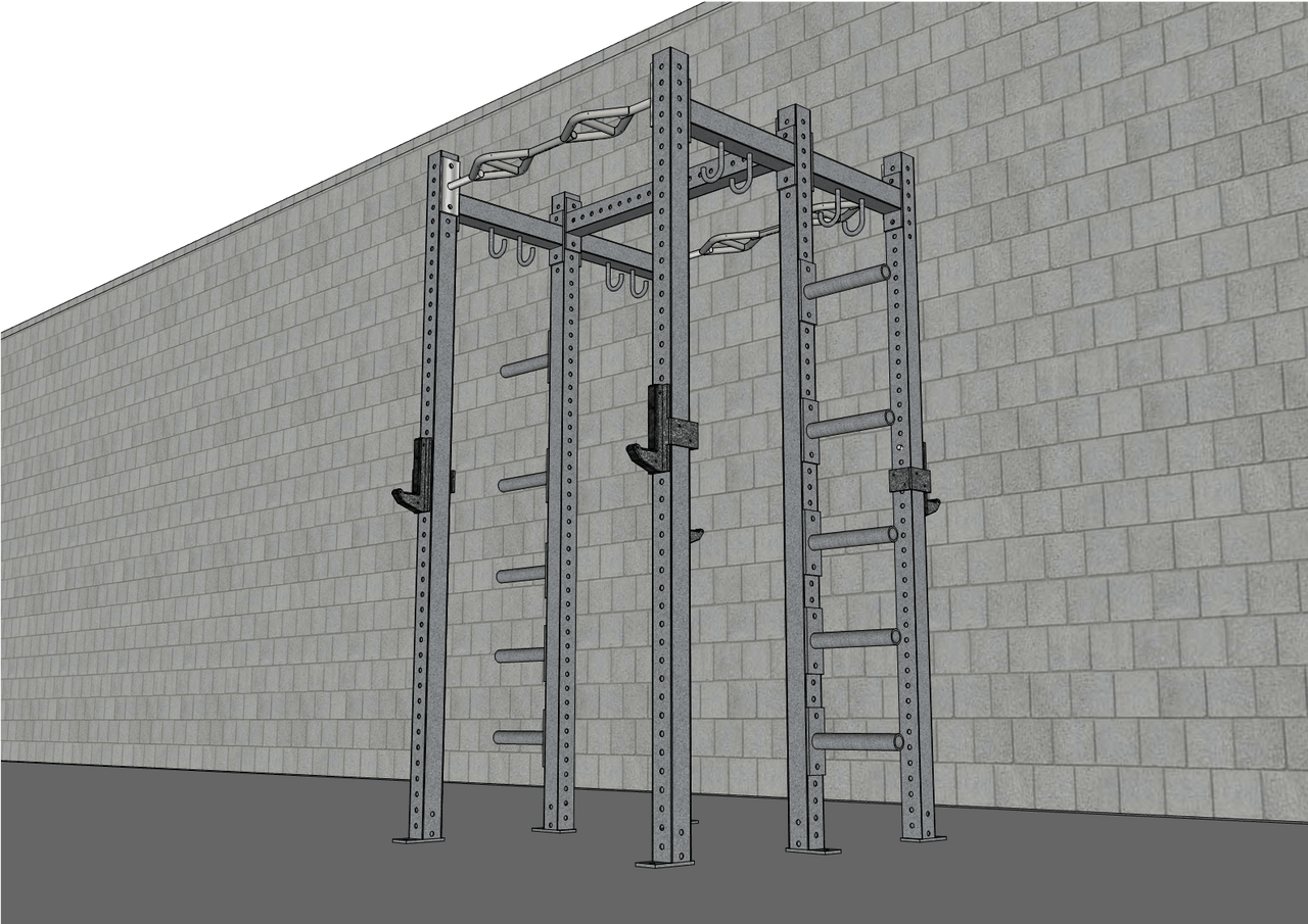Gray steel half rack with multi-grip pull-up bar, J-hooks, and plate storage pegs against a brick wall.