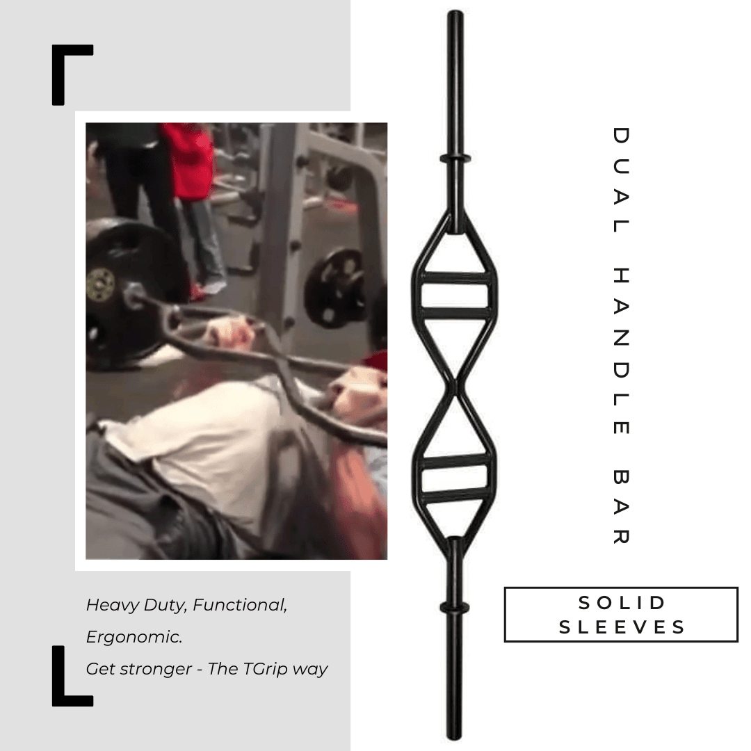 Black multi-grip barbell with a person using it for bench press in a gym.