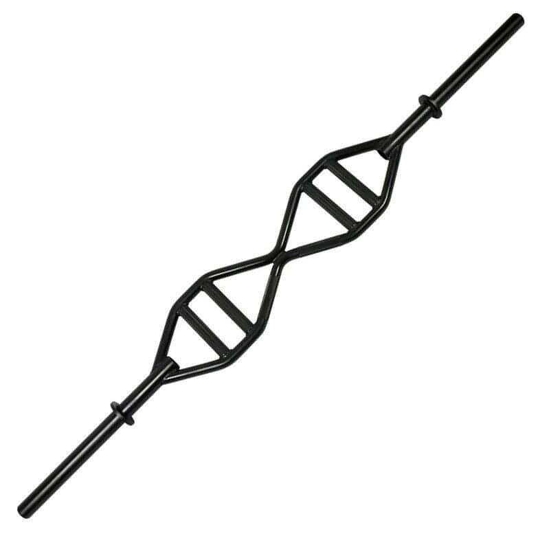 Black multi-grip barbell with a double straight handle and Olympic sleeves.