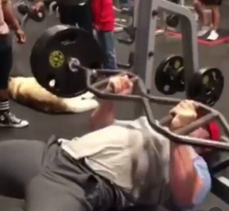 Person bench pressing a multi-grip barbell with Olympic plates in a gym.