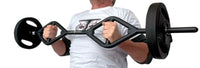 Thumbnail for Man holding a black multi-grip barbell with weight plates attached, performing a bicep curl.