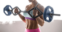 Thumbnail for Woman holding a black multi-grip strength bar with blue weights, performing a bicep curl.