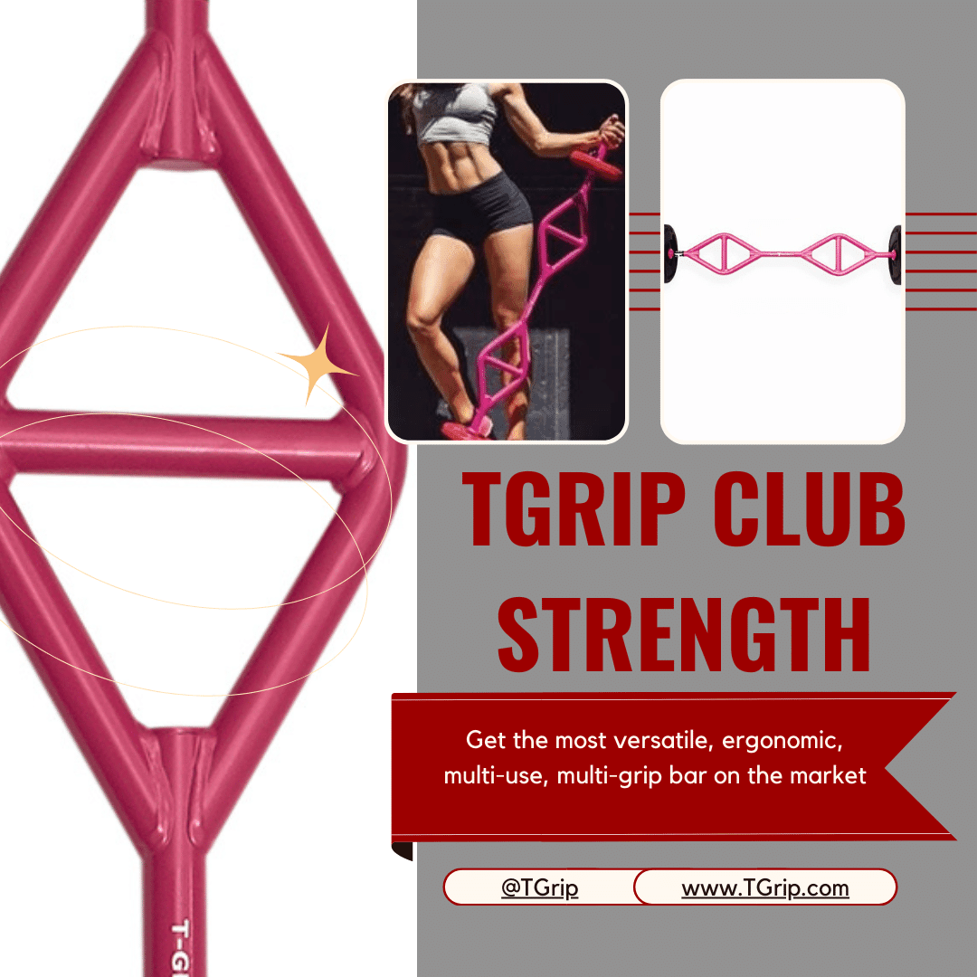 Pink multi-grip strength bar with a woman using it and a full view of the bar.