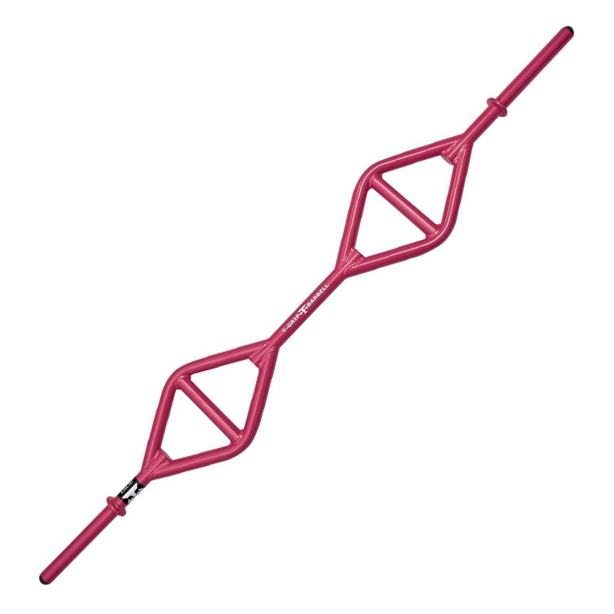 Pink multi-grip strength bar with two triangular sections and "T-Grip Barbell" logo.
