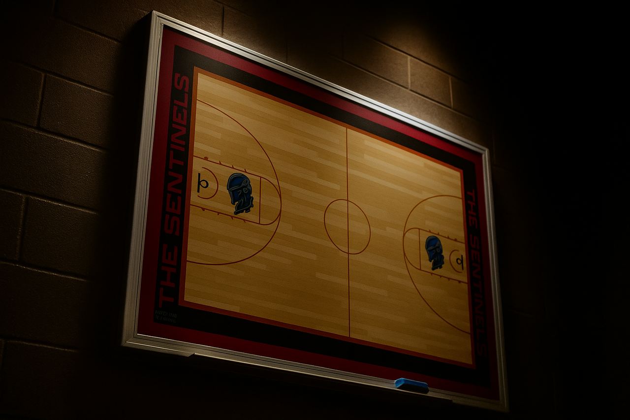 Custom basketball court whiteboard with "THE SENTINELS" text on a dark brick wall.