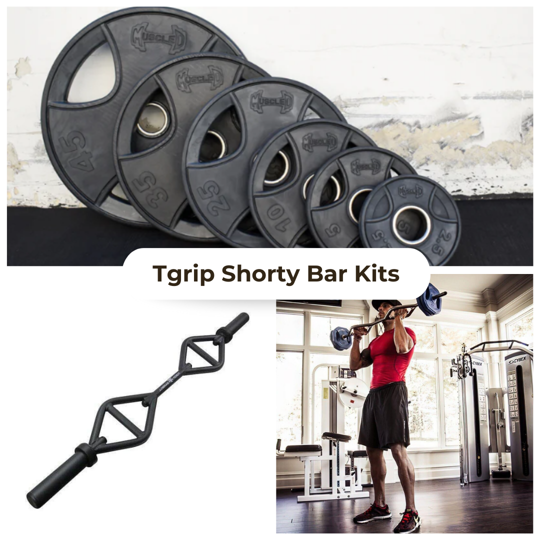 Collage of multi-grip bar, weight plates, and man lifting weights in a gym.