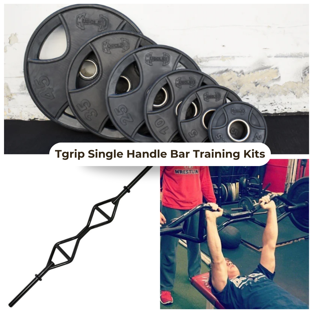 Black multi-grip barbell, weight plates, and a man using the barbell with a spotter.