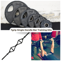 Thumbnail for Black multi-grip barbell, weight plates, and a man using the barbell with a spotter.