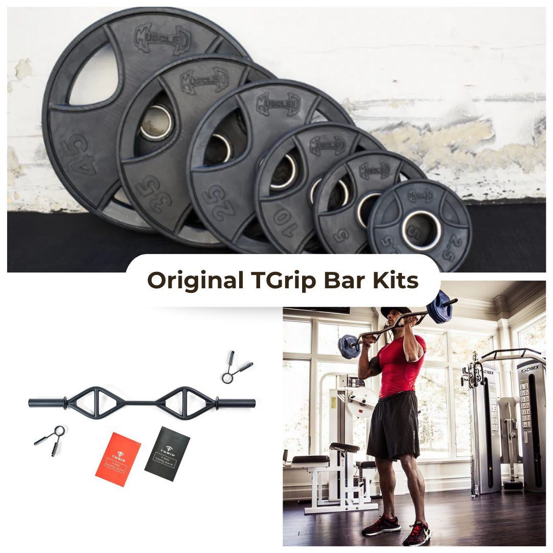 Multi-grip bar, weight plates, and man lifting weights in a gym.