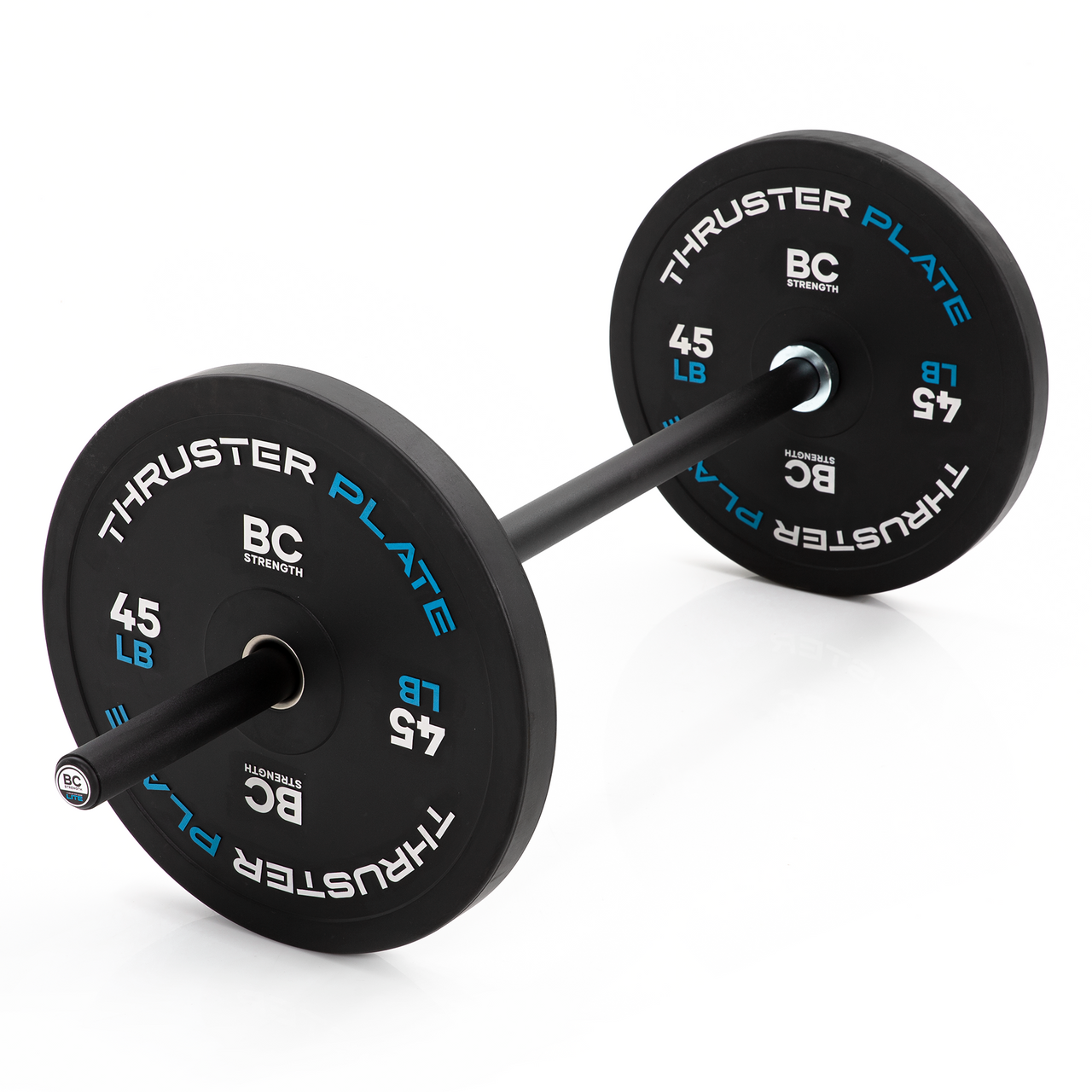 BC Strength Thruster Bar Lite with 45lb Thruster Plates, a hip thrust bar and plate set