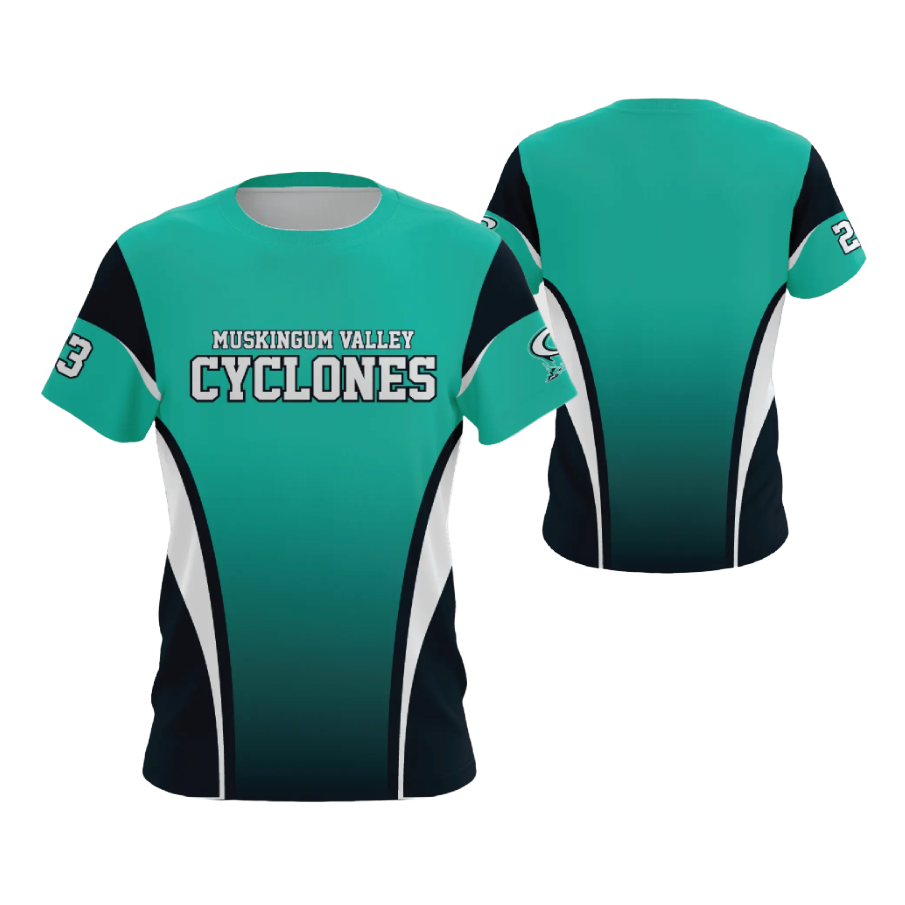 Teal, black, and white short-sleeve crewneck shirt with "Muskingum Valley Cyclones" logo. Front and back views.