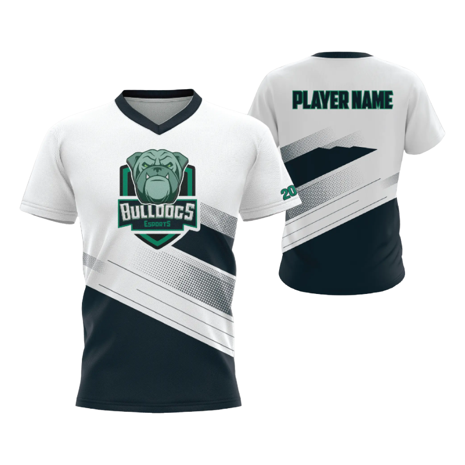 White and dark teal short-sleeve V-neck tee with "Bulldogs Esports" logo on front, "Player Name" on back.