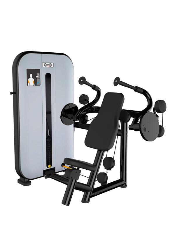 Black and gray triceps extension machine with adjustable seat and weight stack.