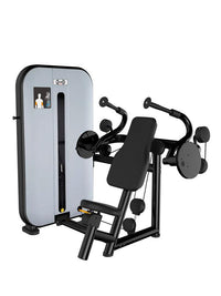 Thumbnail for Black and gray triceps extension machine with adjustable seat and weight stack.