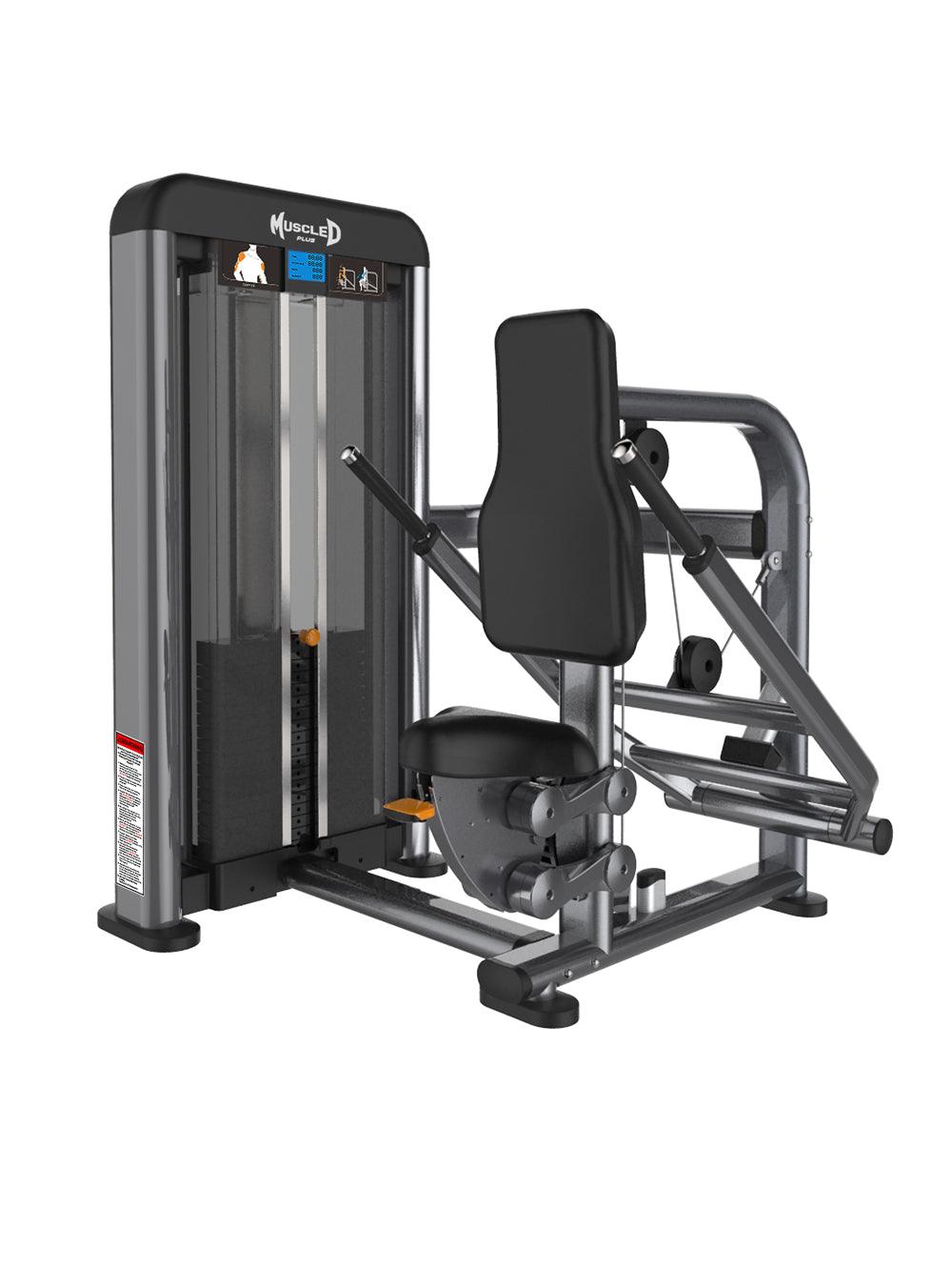 Gray and black triceps press machine with padded seat and backrest, weight stack, and exercise handles.