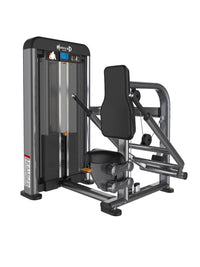 Thumbnail for Gray and black triceps press machine with padded seat and backrest, weight stack, and exercise handles.