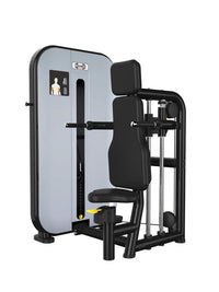 Thumbnail for Black and gray triceps press-down machine with adjustable seat and pin selectorized weight stack.