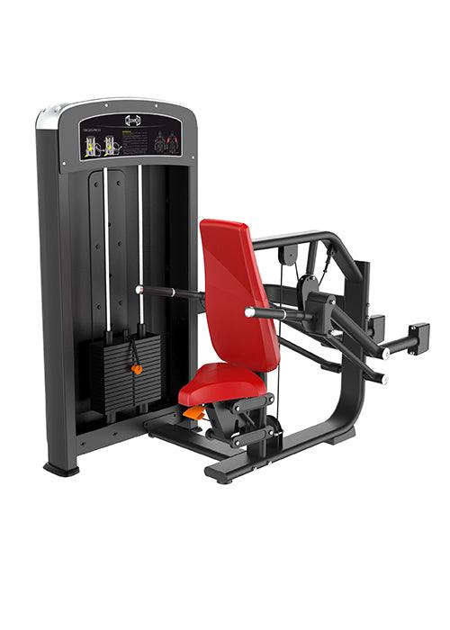 Black and red seated triceps press machine with weight stack on a white background.