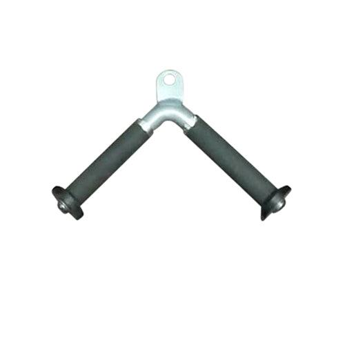 Silver V-shaped triceps press-down bar with black rubber grips and a top attachment loop.
