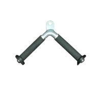 Thumbnail for Silver V-shaped triceps press-down bar with black rubber grips and a top attachment loop.