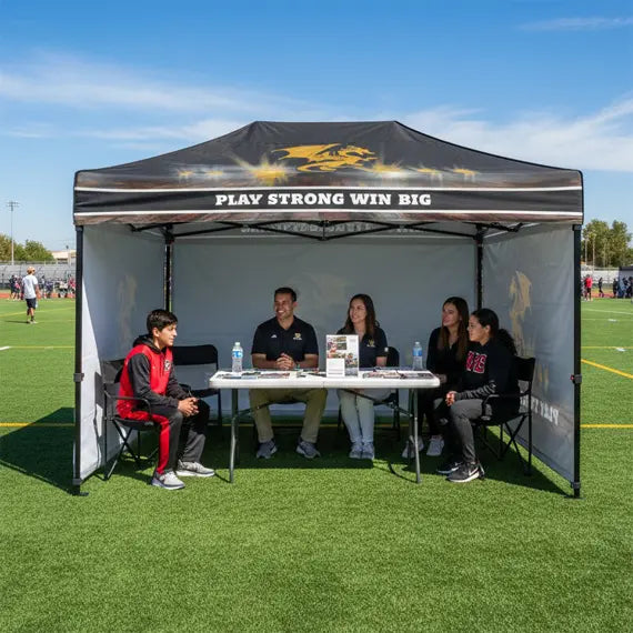 Custom 10' x 15' outdoor event tent with team logo and durable design