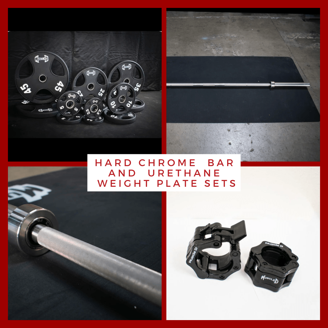 Olympic bar, urethane weight plates, and barbell collars.