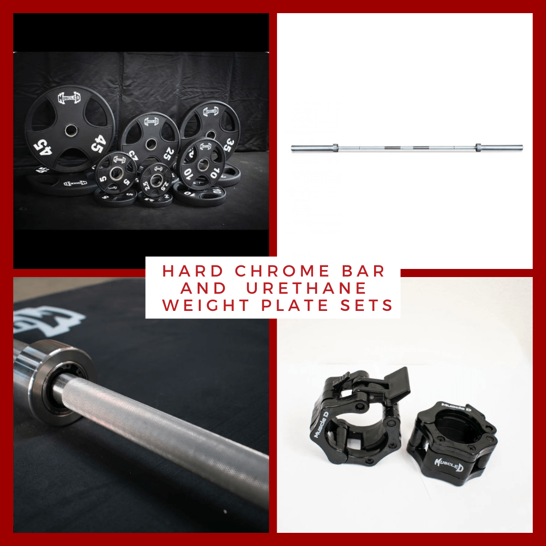 Hard chrome Olympic bar, urethane weight plates (45, 35, 25, 10 lbs), and two black barbell clamps.