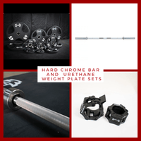 Thumbnail for Hard chrome Olympic bar, urethane weight plates (45, 35, 25, 10 lbs), and two black barbell clamps.