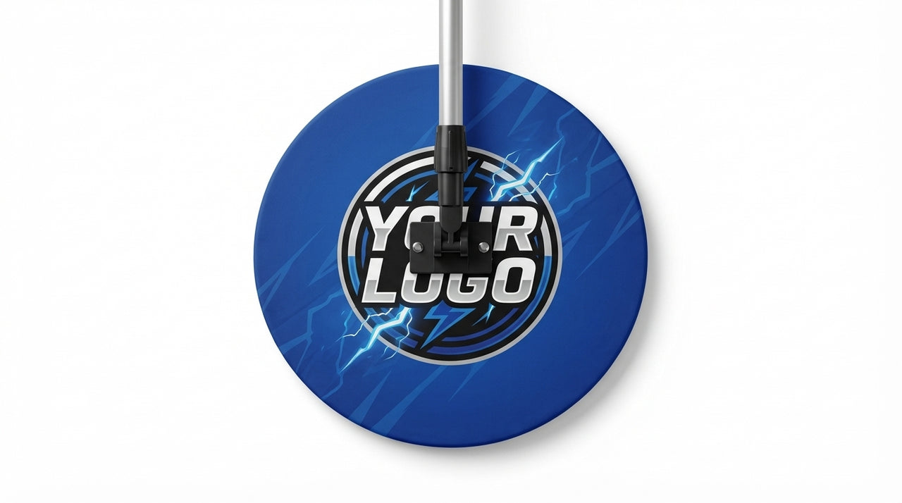 Blue round sweat mop with "YOUR LOGO" in a lightning bolt design, attached to a silver handle.