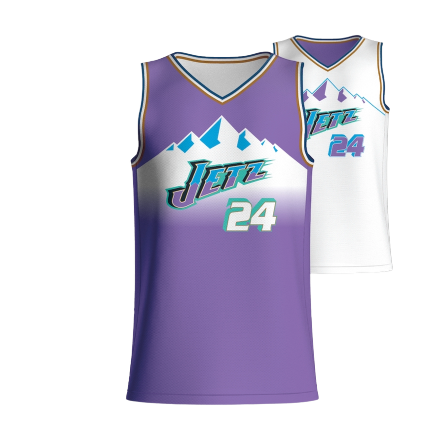 Purple and white reversible jersey with "JETZ 24" and mountain graphic.