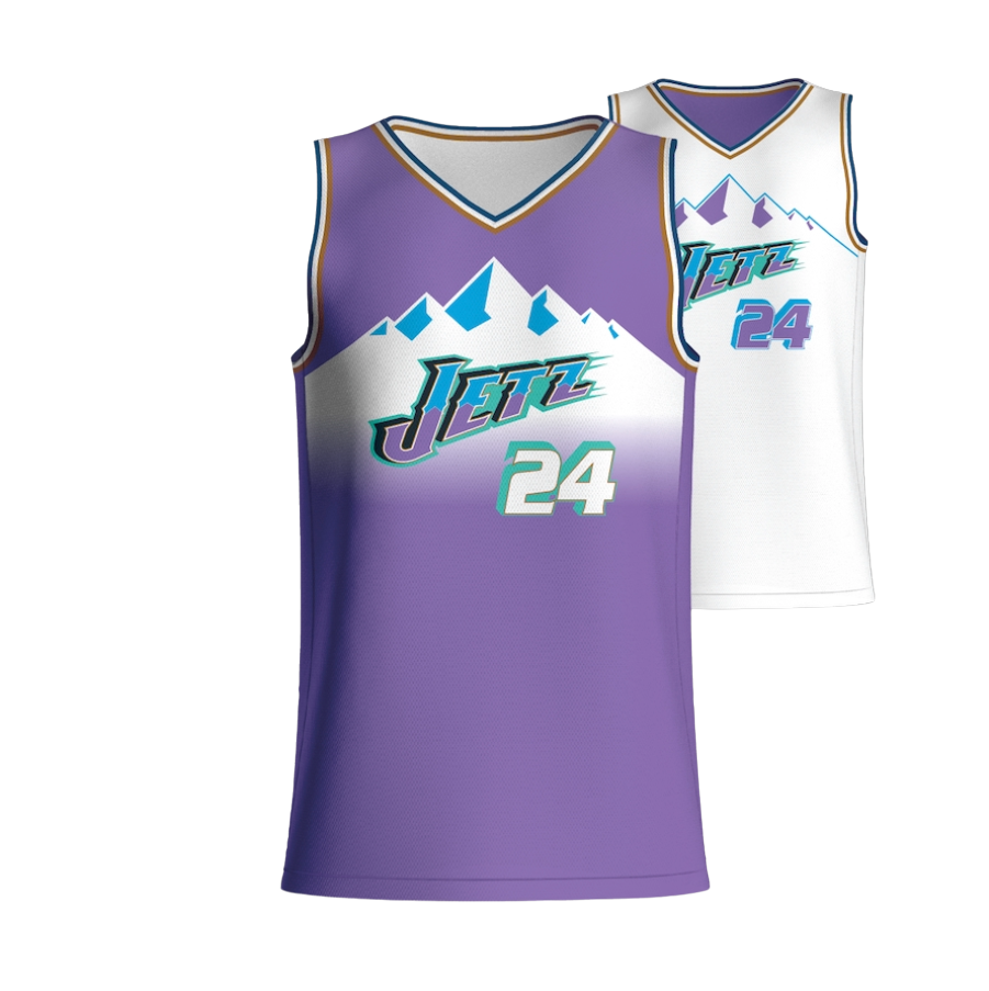 Purple and white reversible jersey with "JETZ 24" and mountain graphic.
