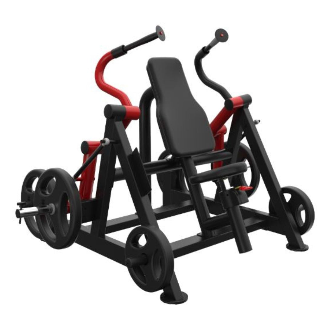Black and red leverage triceps extension machine with a padded seat and weight plate holders.