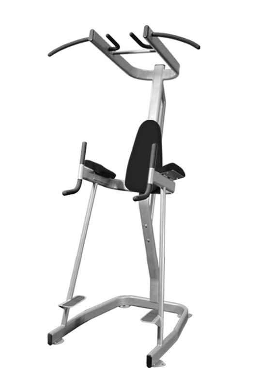 Silver and black vertical knee raise and pull-up station on a white background.