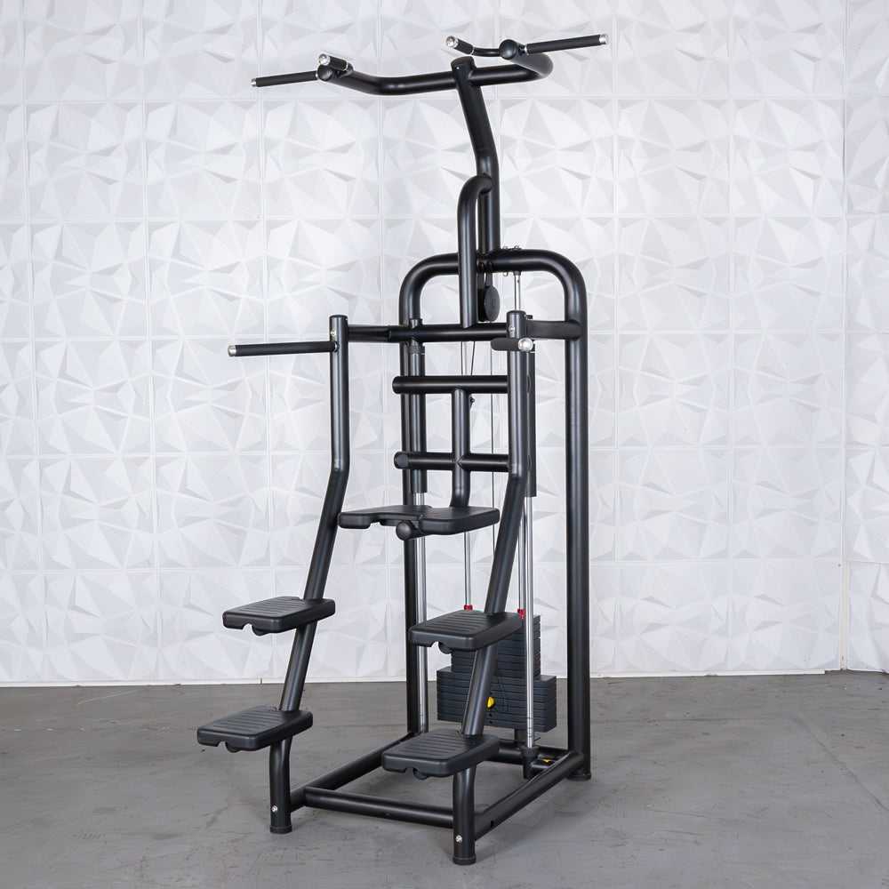Black assisted chin/dip machine with multiple foot platforms and weight stack.