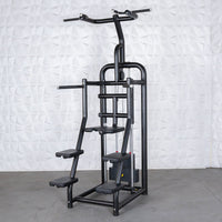 Thumbnail for Black assisted chin/dip machine with multiple foot platforms and weight stack.