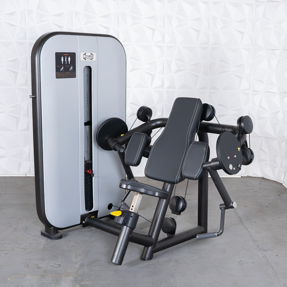 Gray and black arm curl machine with adjustable seat and pin-selectorized weight stack.